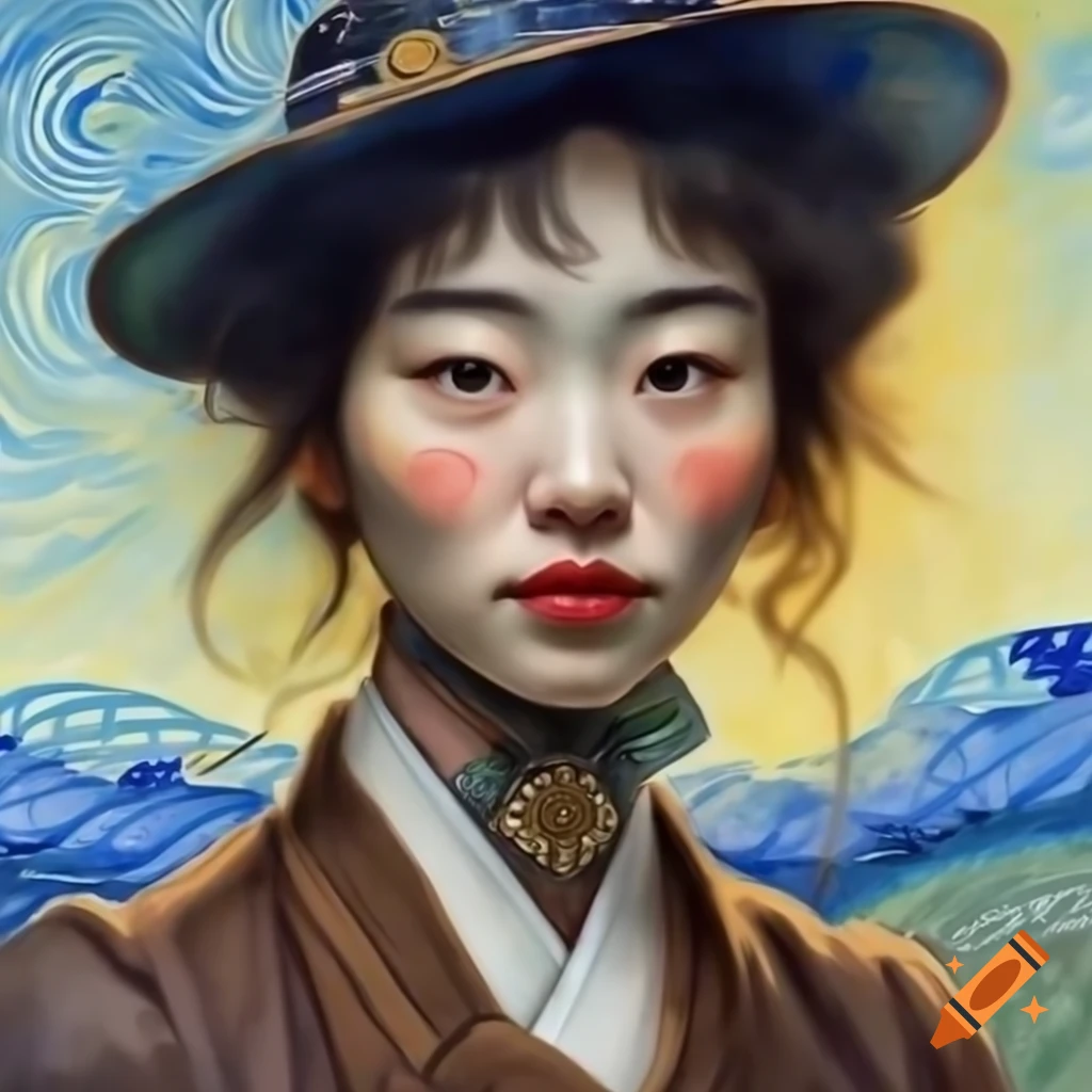 Korean woman in Rockabilly attire in animated Van Gogh style, watercolor elements