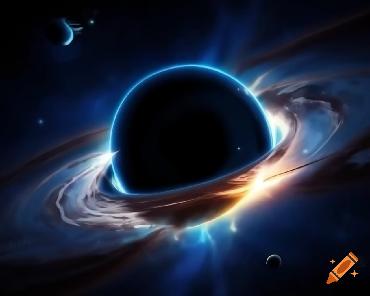 Realistic black hole in star-filled space with artistic lens flare