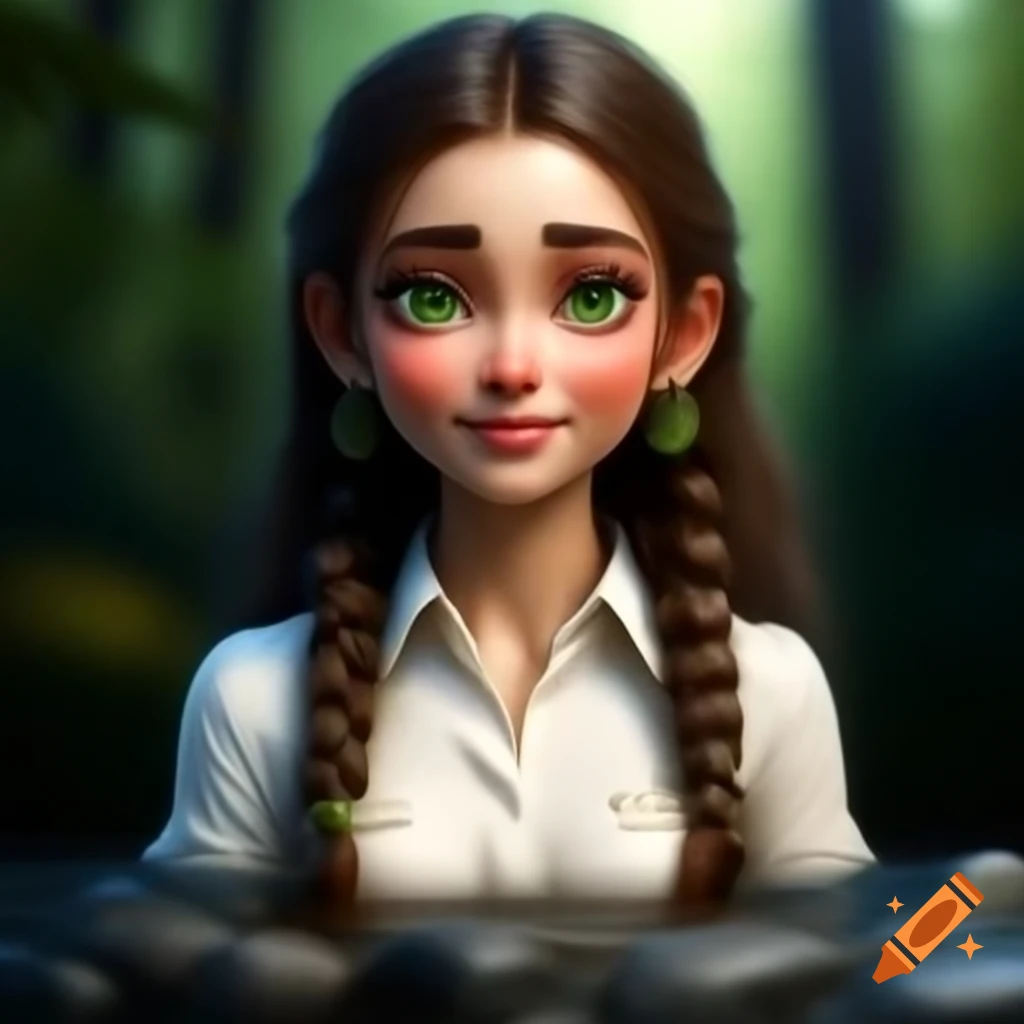 Realistic portrait of young woman with long brown hair and green eyes in white blouse and sari