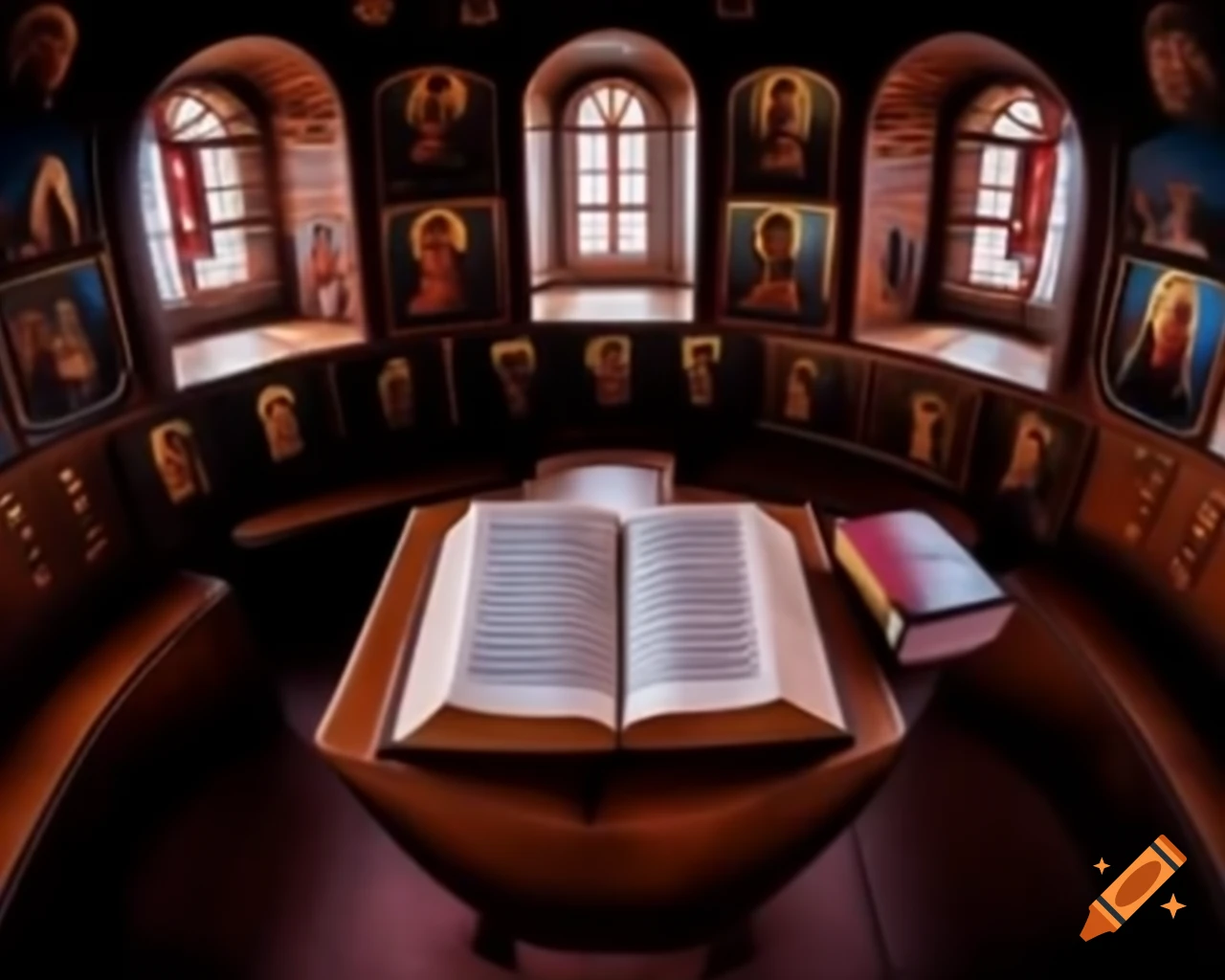 Open book on table in church with illuminated icons and harmony
