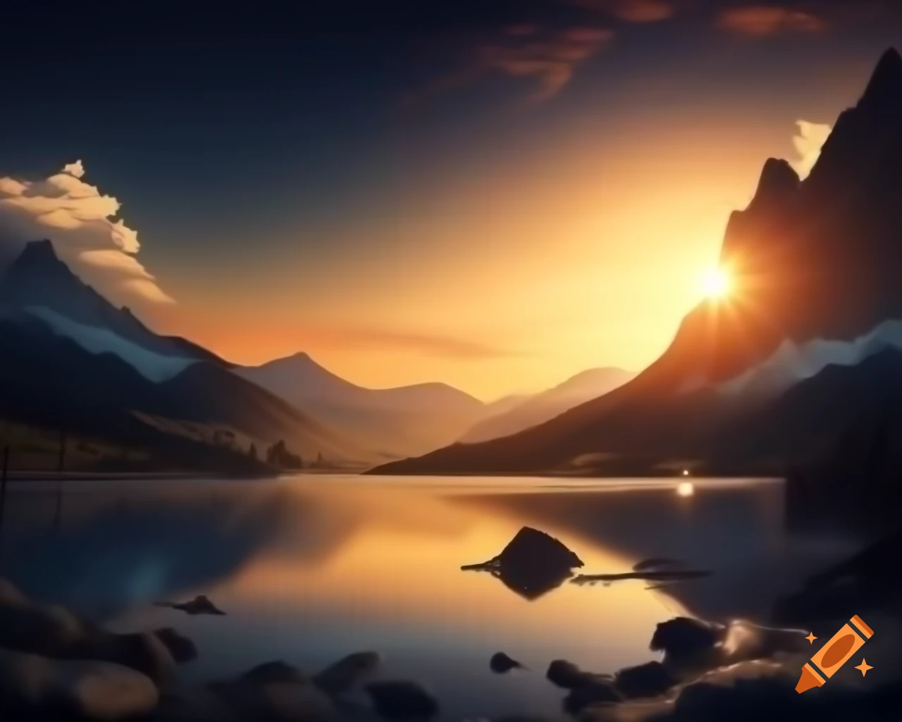 Photorealistic 3D render of mountain lake at sunset with sun rays and island