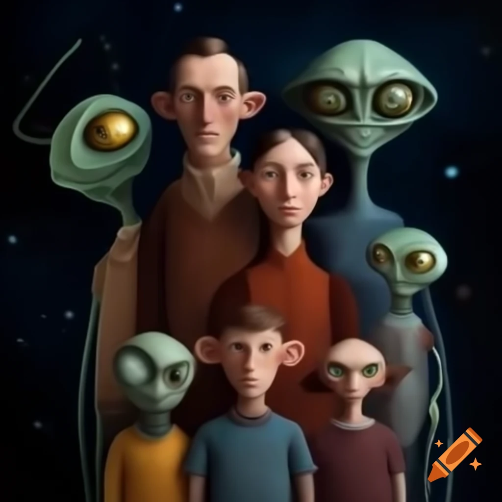 Family portrait featuring a mixed human and alien family