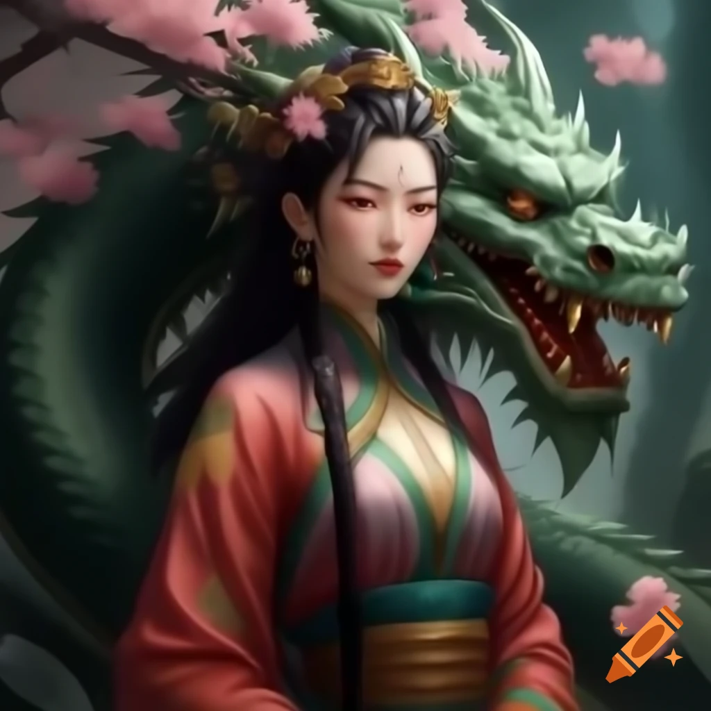 Ancient Chinese lady with dragon in blossoming city