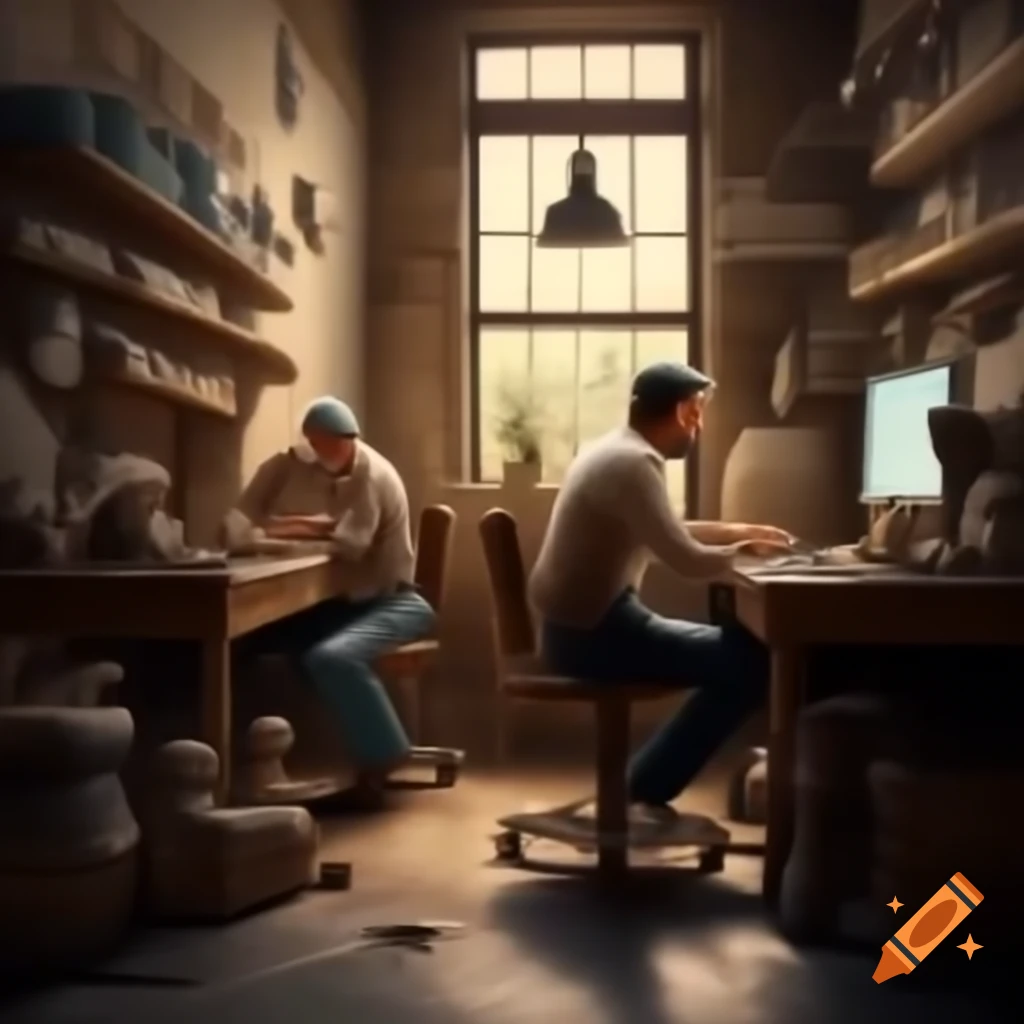 Cozy artisan workshop with employees working on PCs in rustic setting