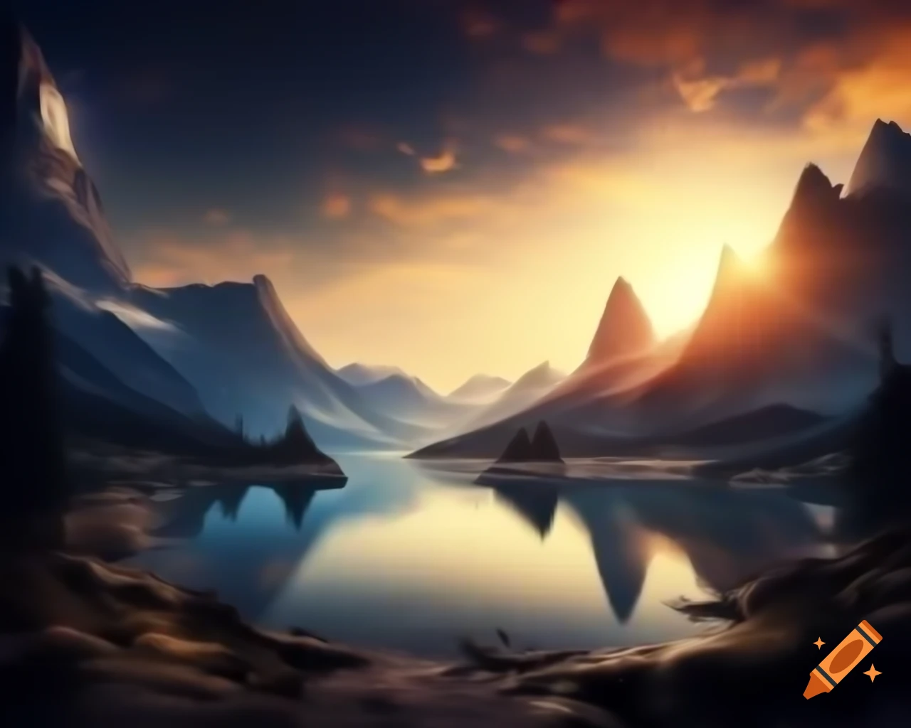 Photorealistic 3D render of mountain lake at sunset with sun rays and island