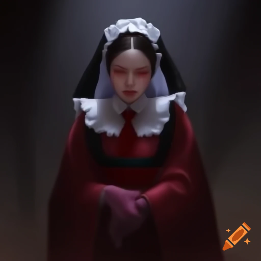 Maid in crimson gown with pistol, confronting her grim future