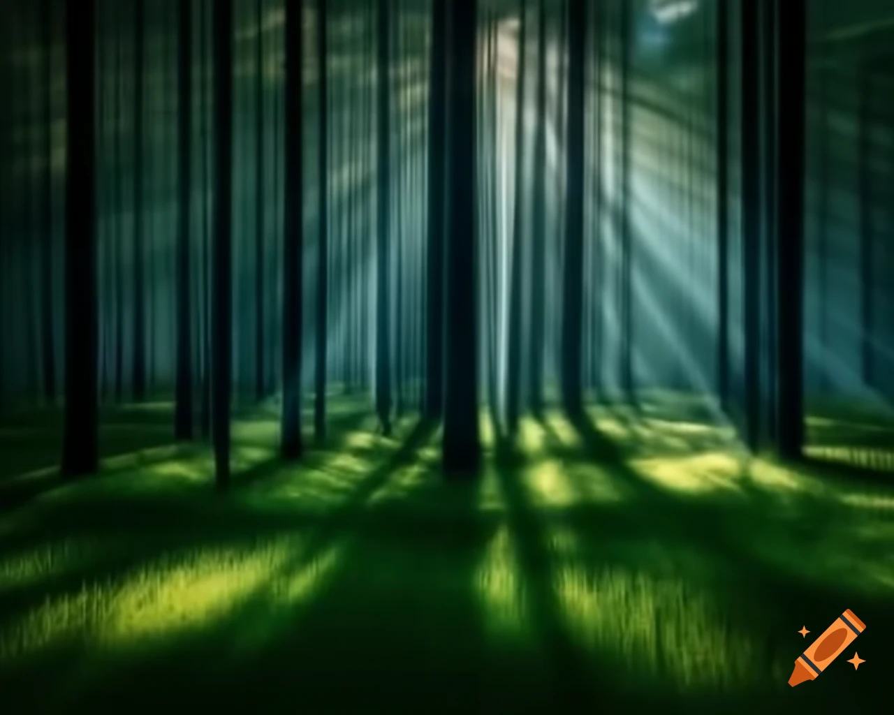 Photorealistic forest scene with light and shadow play among trees