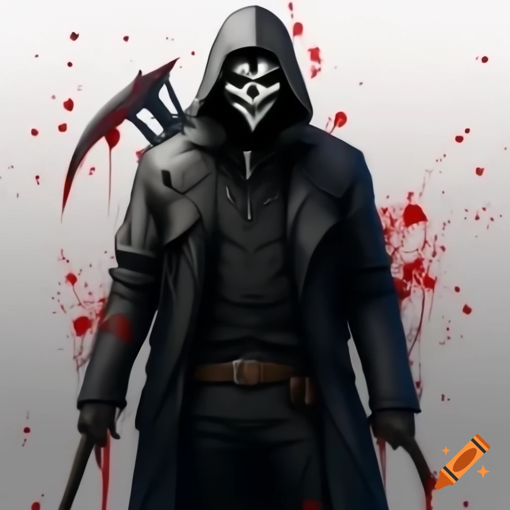 Full body portrait of a man in black jacket and hood, holding a reaper weapon