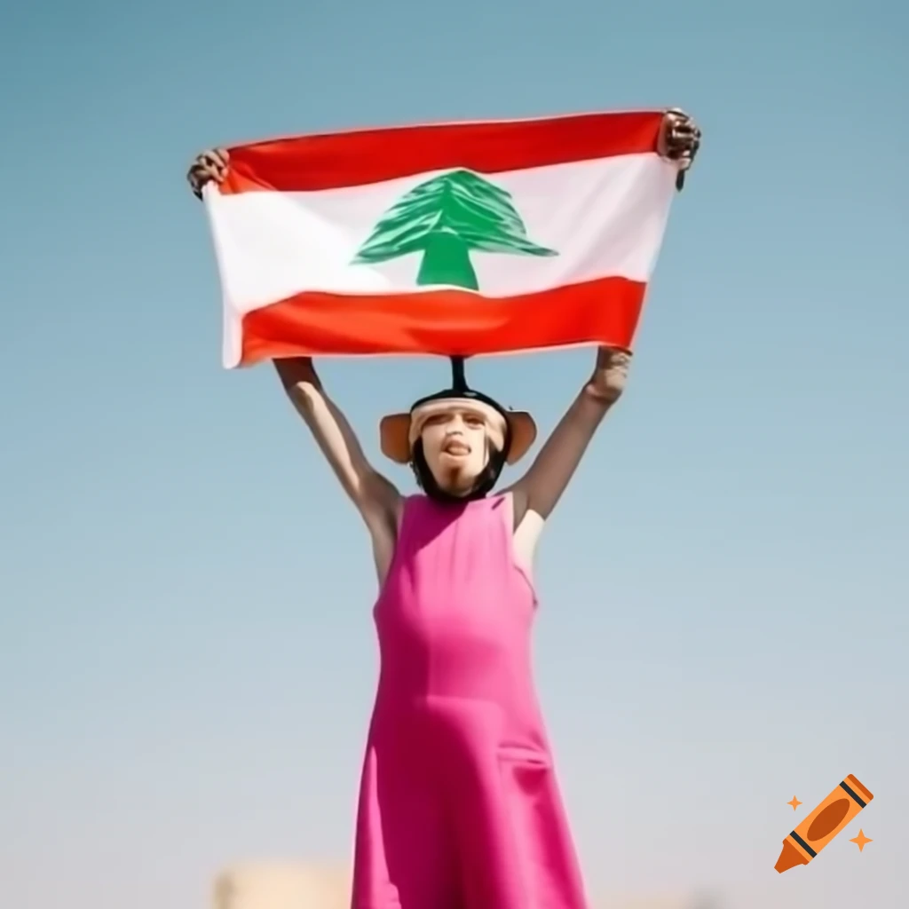 Happy monkey in pink dress holding Lebanon flag
