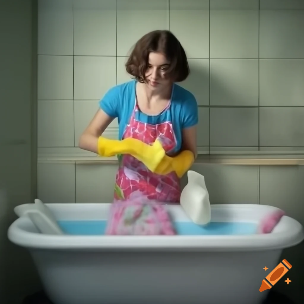Caucasian woman in floral apron washing laundry in spacious bathroom