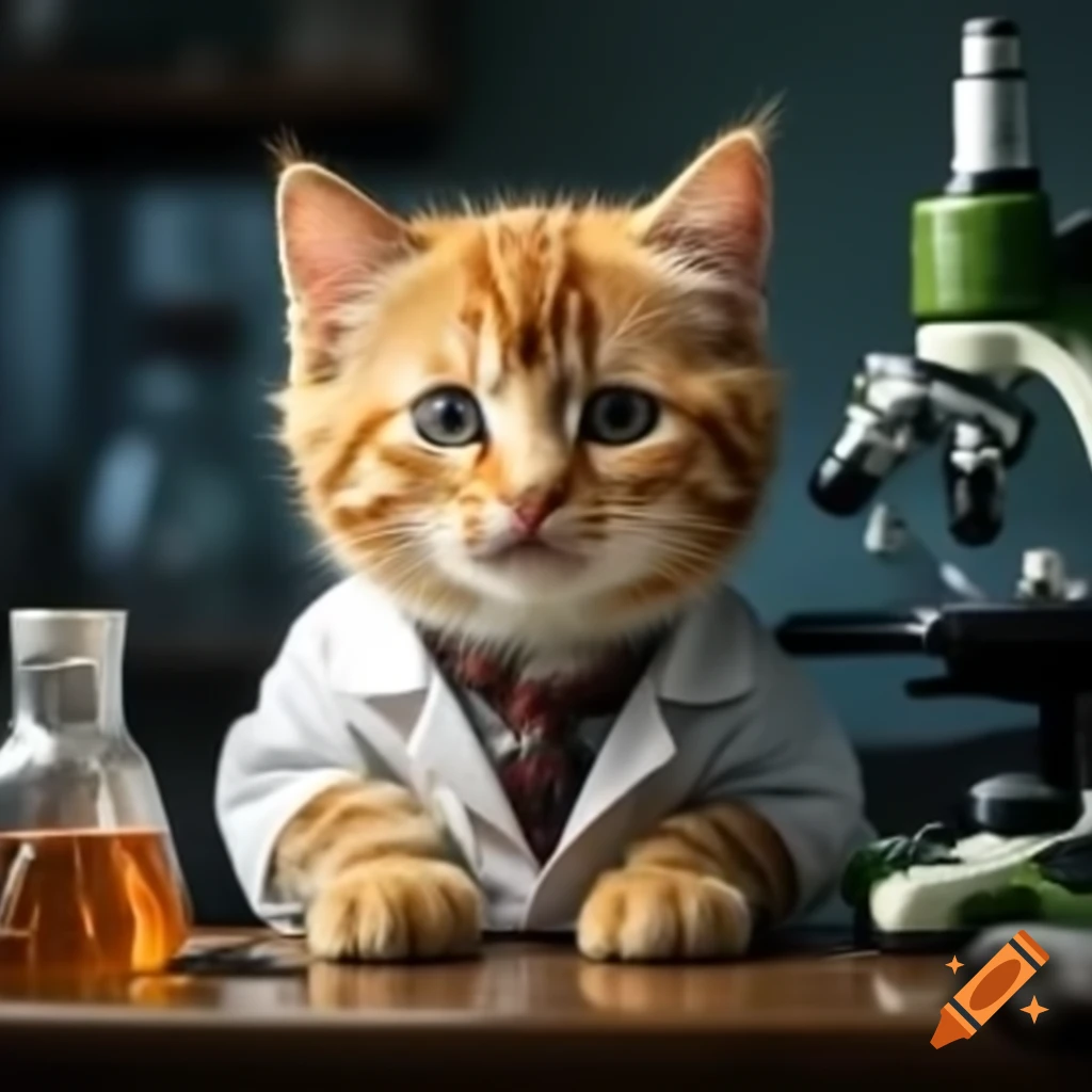 Adorable orange tabby cat in laboratory coat with microscope in pathology lab