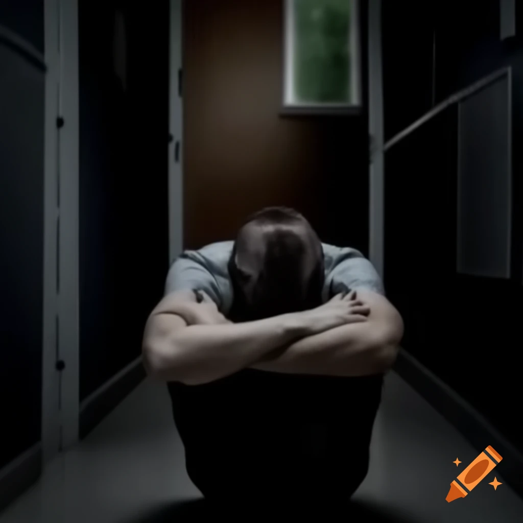 Young man crouching in dark hallway, showing signs of fear