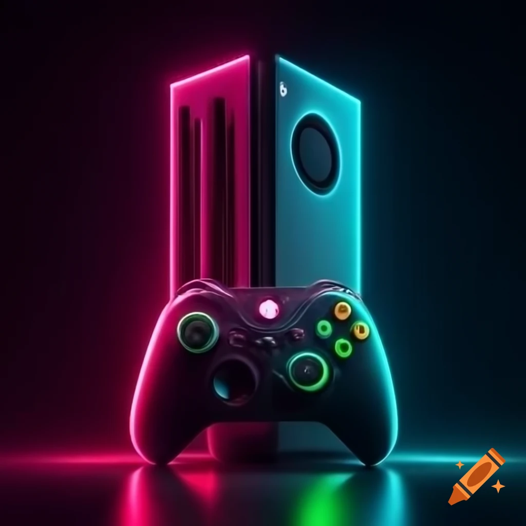 HD image of Xbox One controller with neon colors and dark tech design background