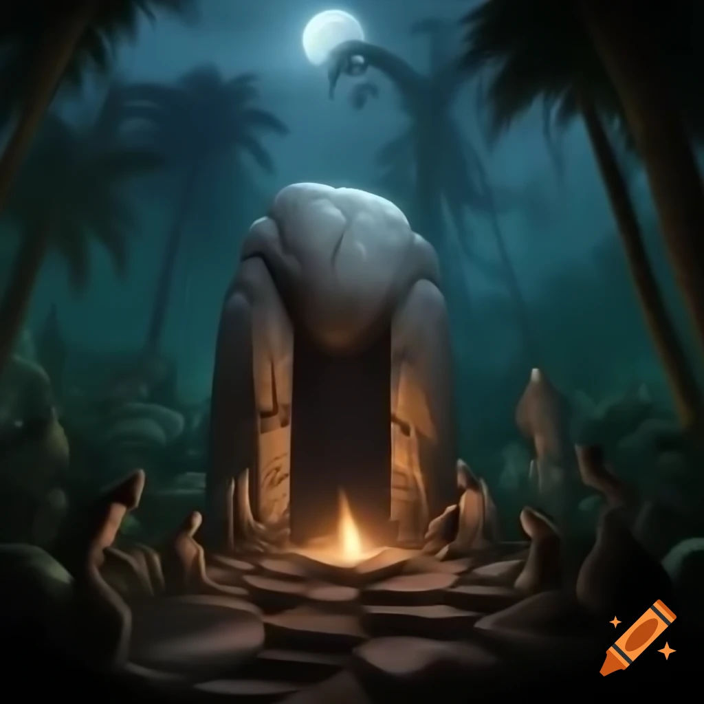Tribal ritual site made of stone in dense jungle during full moon night, ominous mood