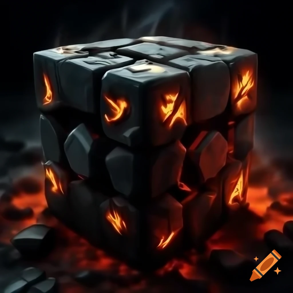 Dark weathered stone cube with glowing red symbols and fire scorched surface