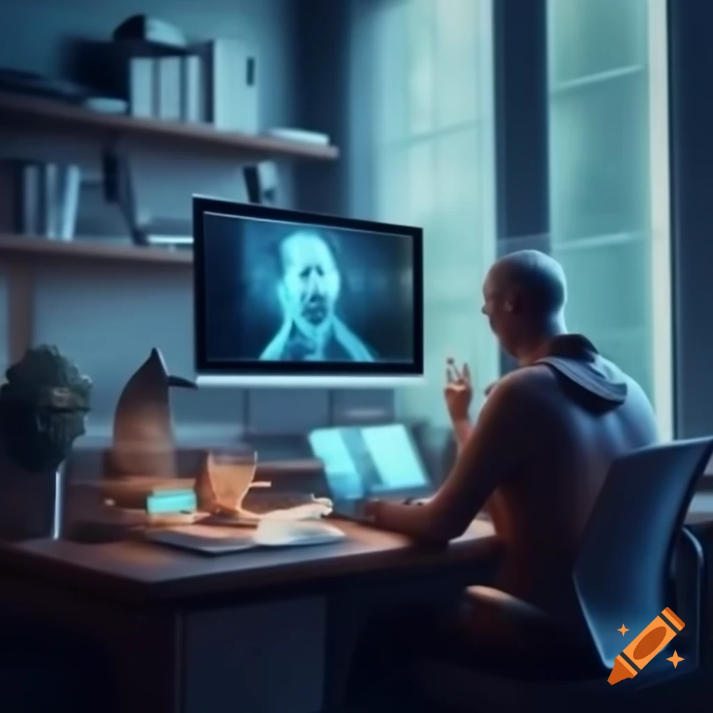 Contemporary home office with desk, laptop, and online meeting setup