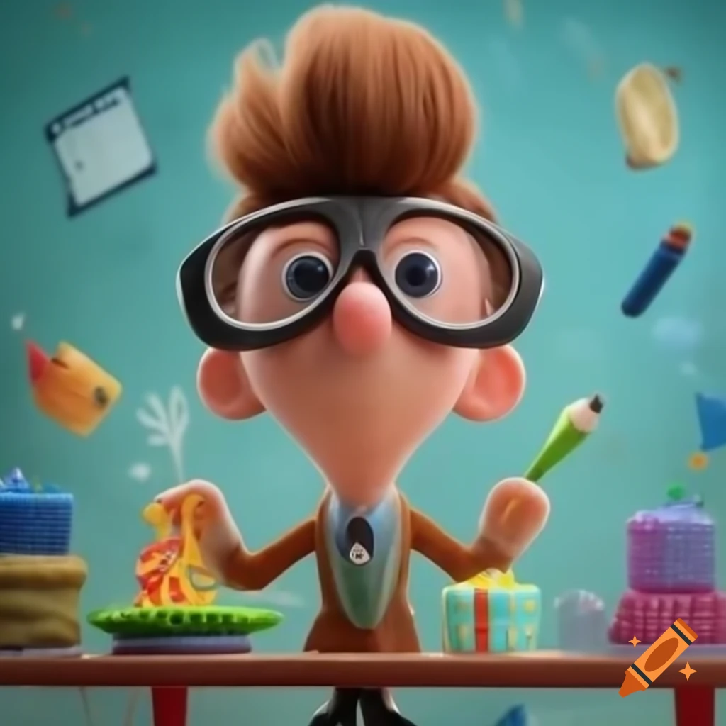 Realistic drawing of a commercial director with short blonde hair and glasses celebrating his birthday at work with a cake