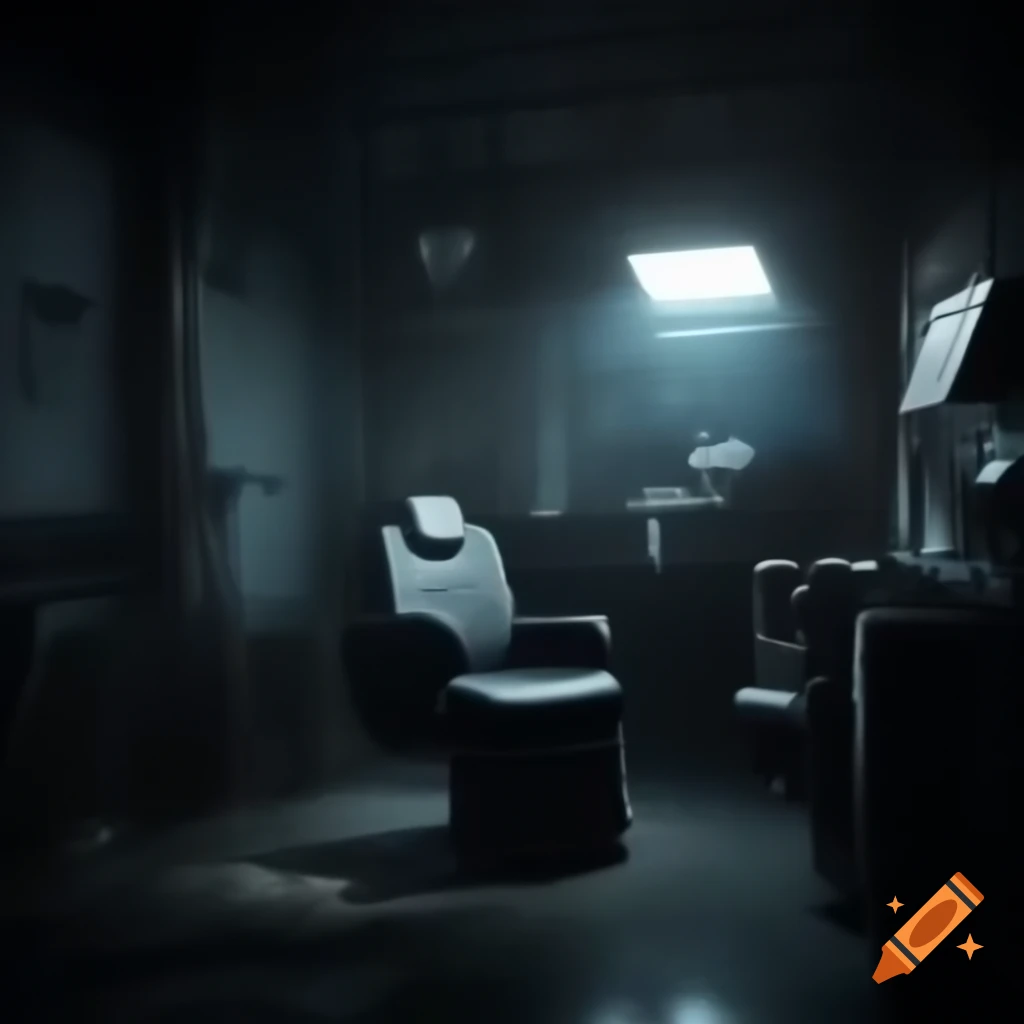 Dimly lit salon interior with one illuminated seat in dark setting