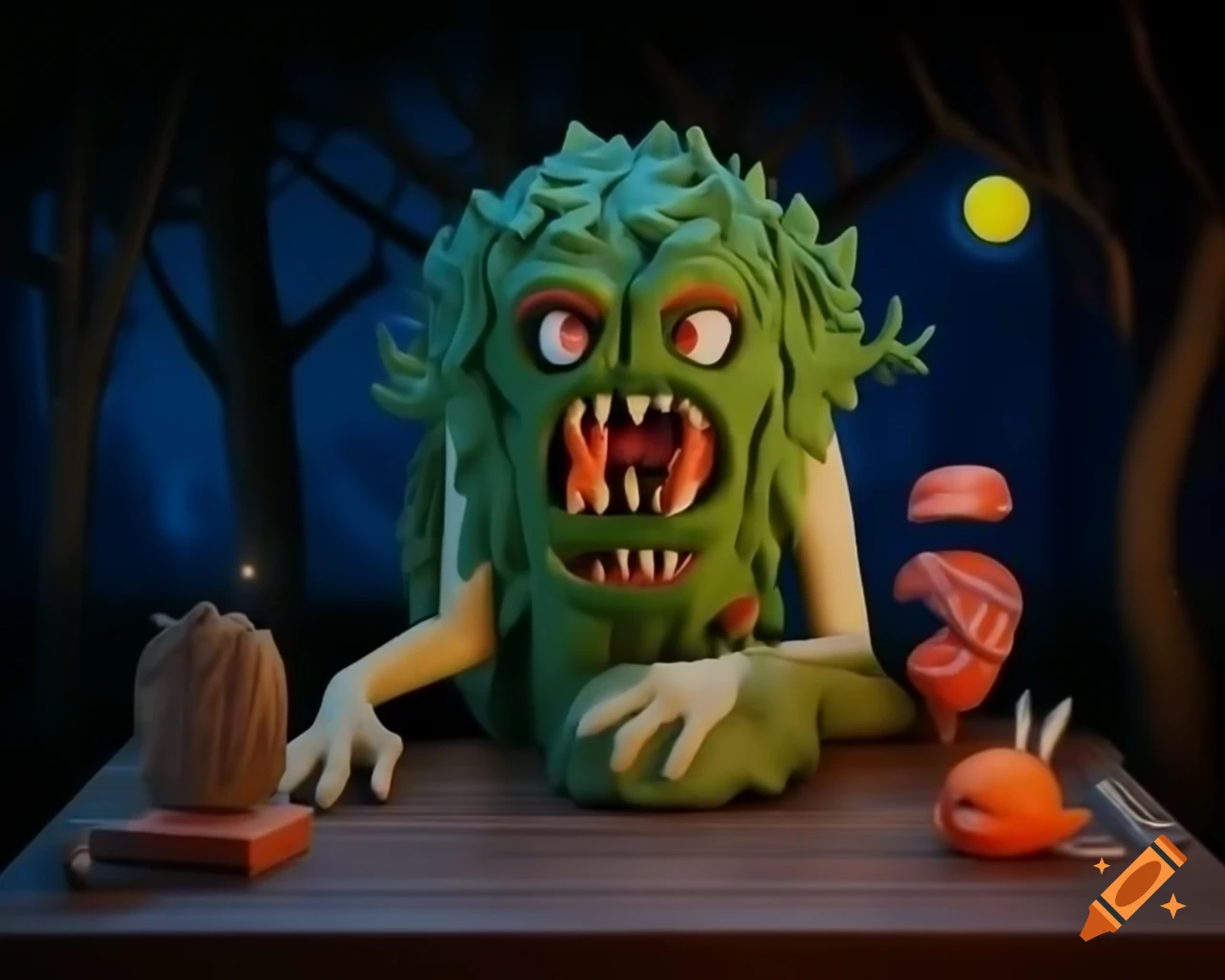 Hyper-realistic 3D tree monster with fangs on wooden table in dark woods