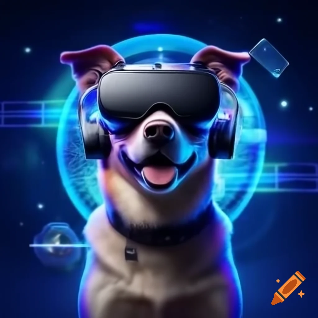 Happy dog wearing VR headset interacting with holographic space and menu