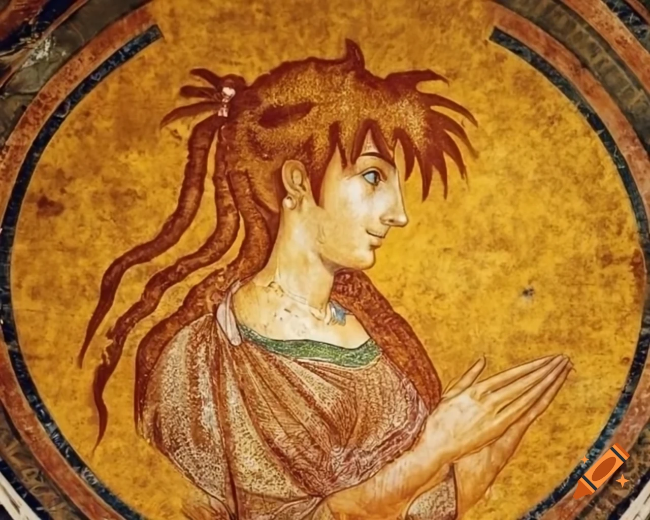 Ancient Greek mosaic featuring Asuka Langley from Evangelion praying to the stars