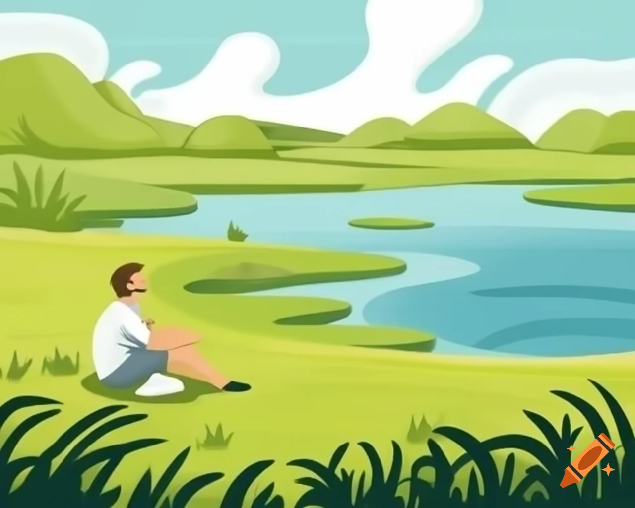 Man relaxing on grass by the lake