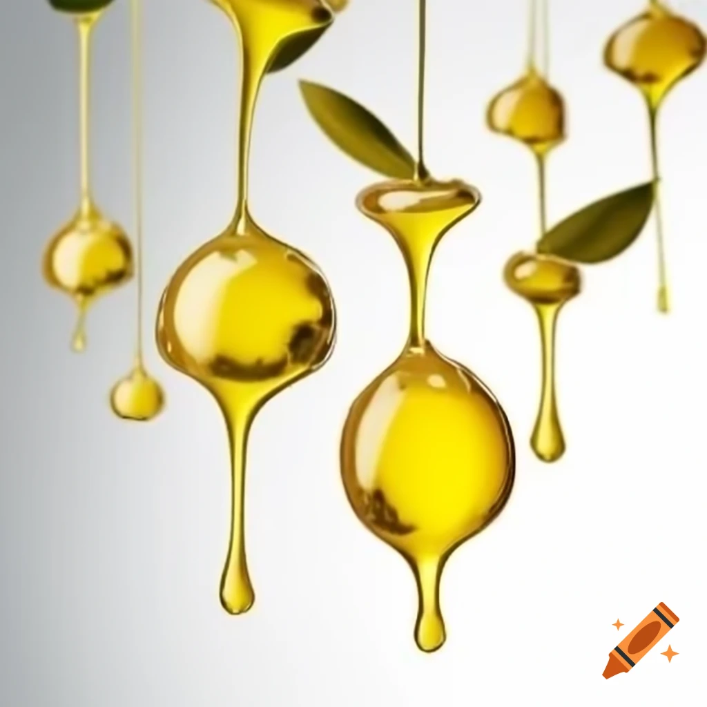 Golden olive oil droplets reflecting light on white background