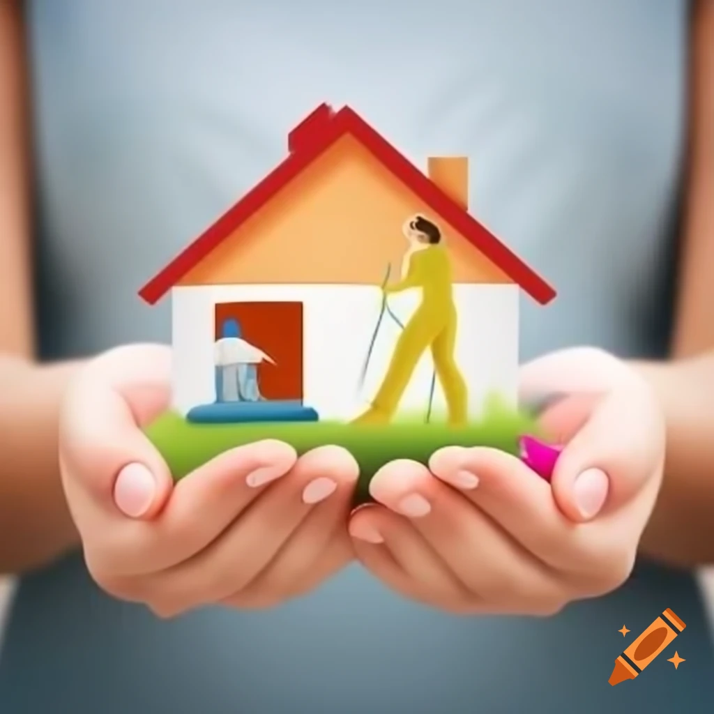 Hands holding a house with a woman cleaning