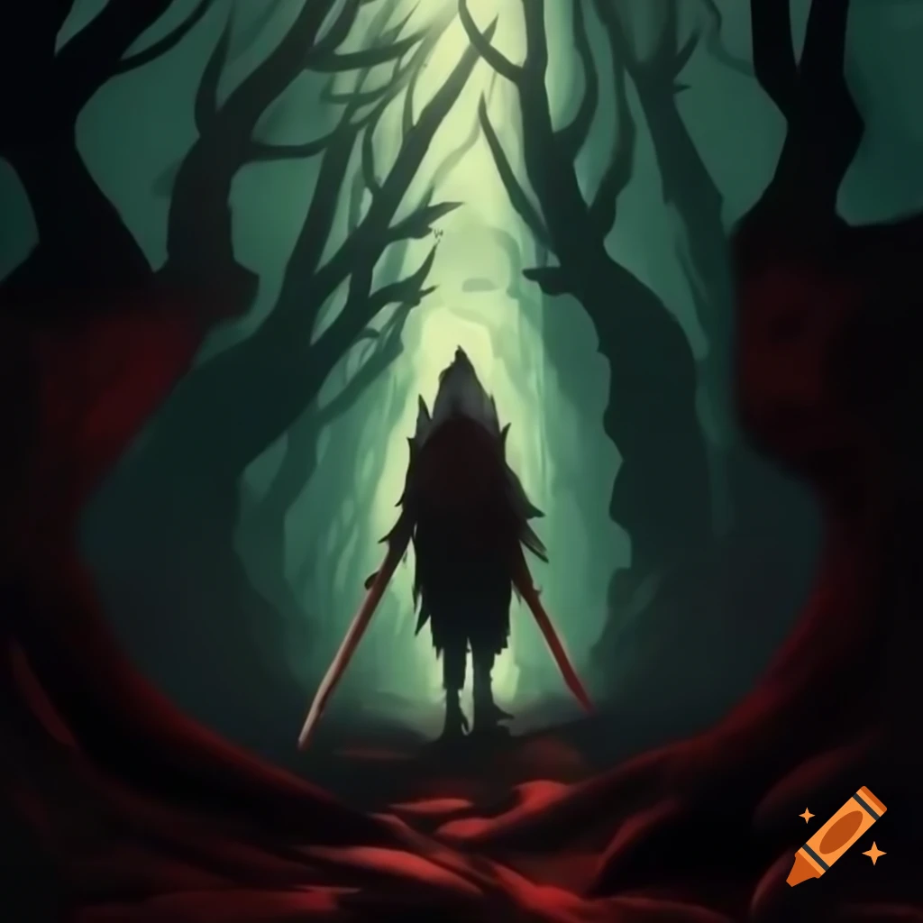 Dynamic illustration of Zarin in forest with sword drawn, ominous figures in background