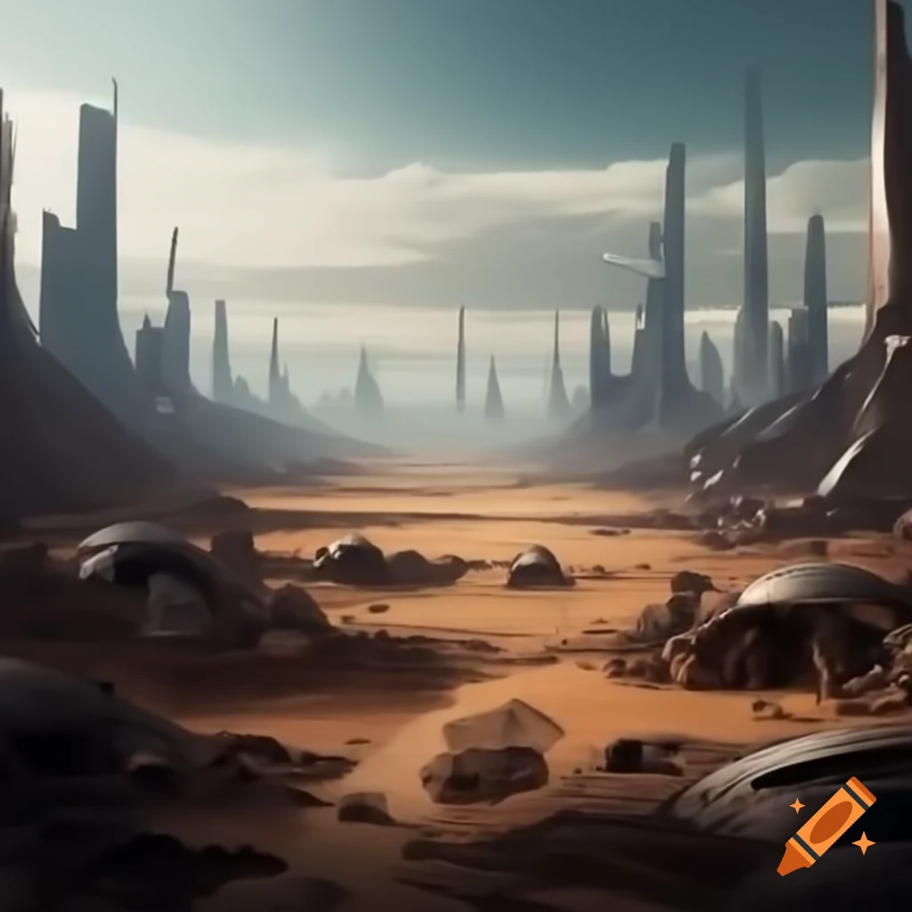 Desolate desert landscape with futuristic city remnants
