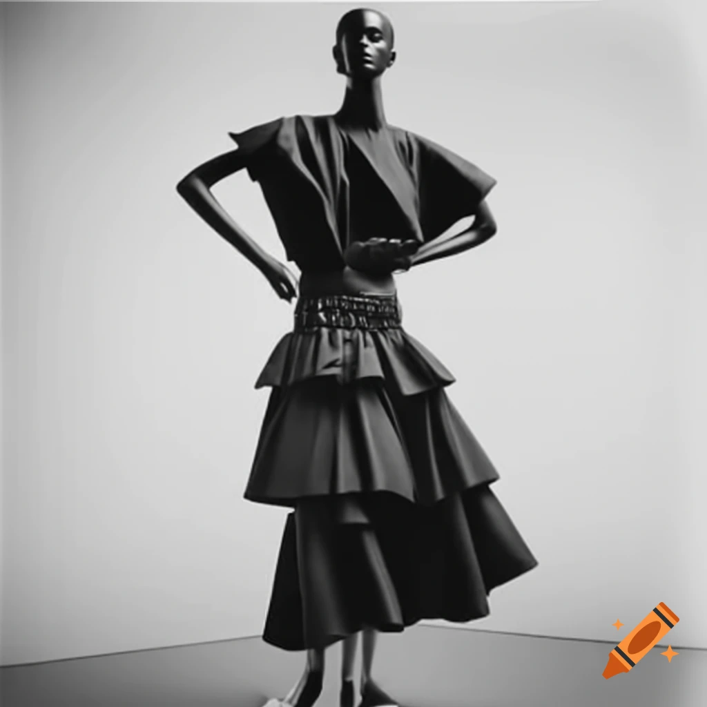 Chrome mannequin in Maison Margiela style layered dress with silver details