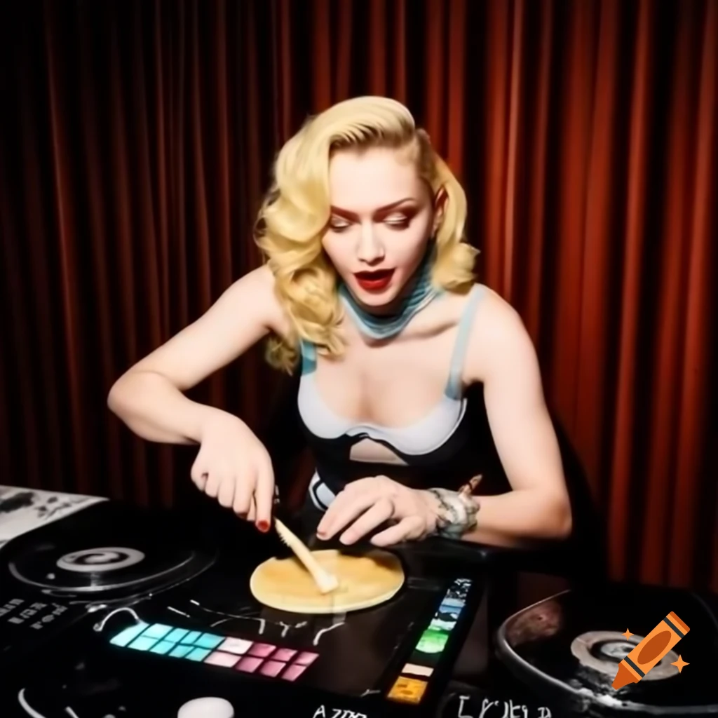 Madonna baking pancake on DJ booth