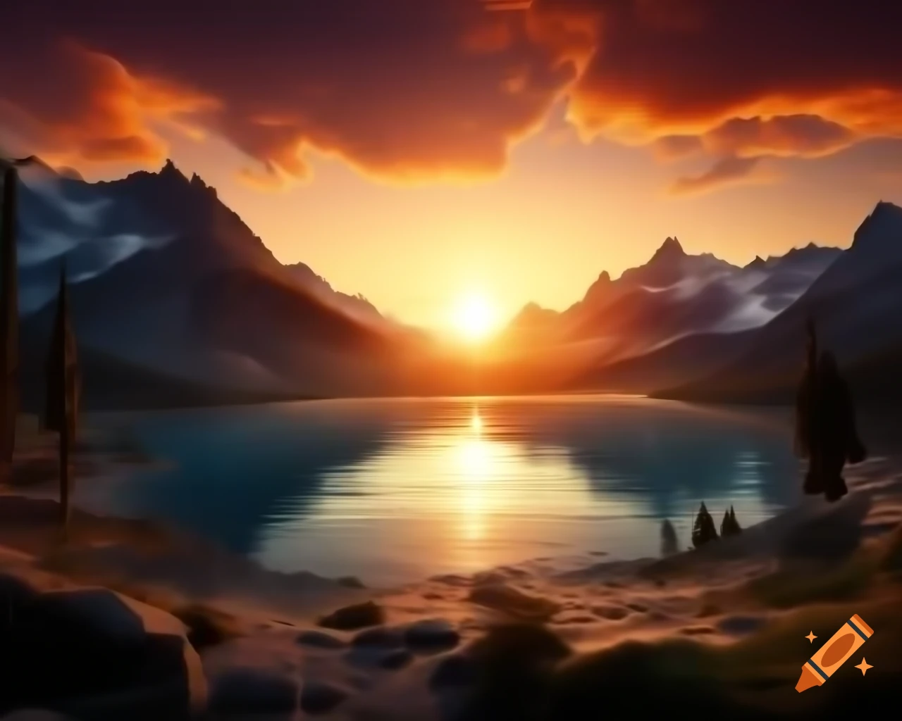 Photorealistic 3D render of mountain lake at sunset with sun rays and island