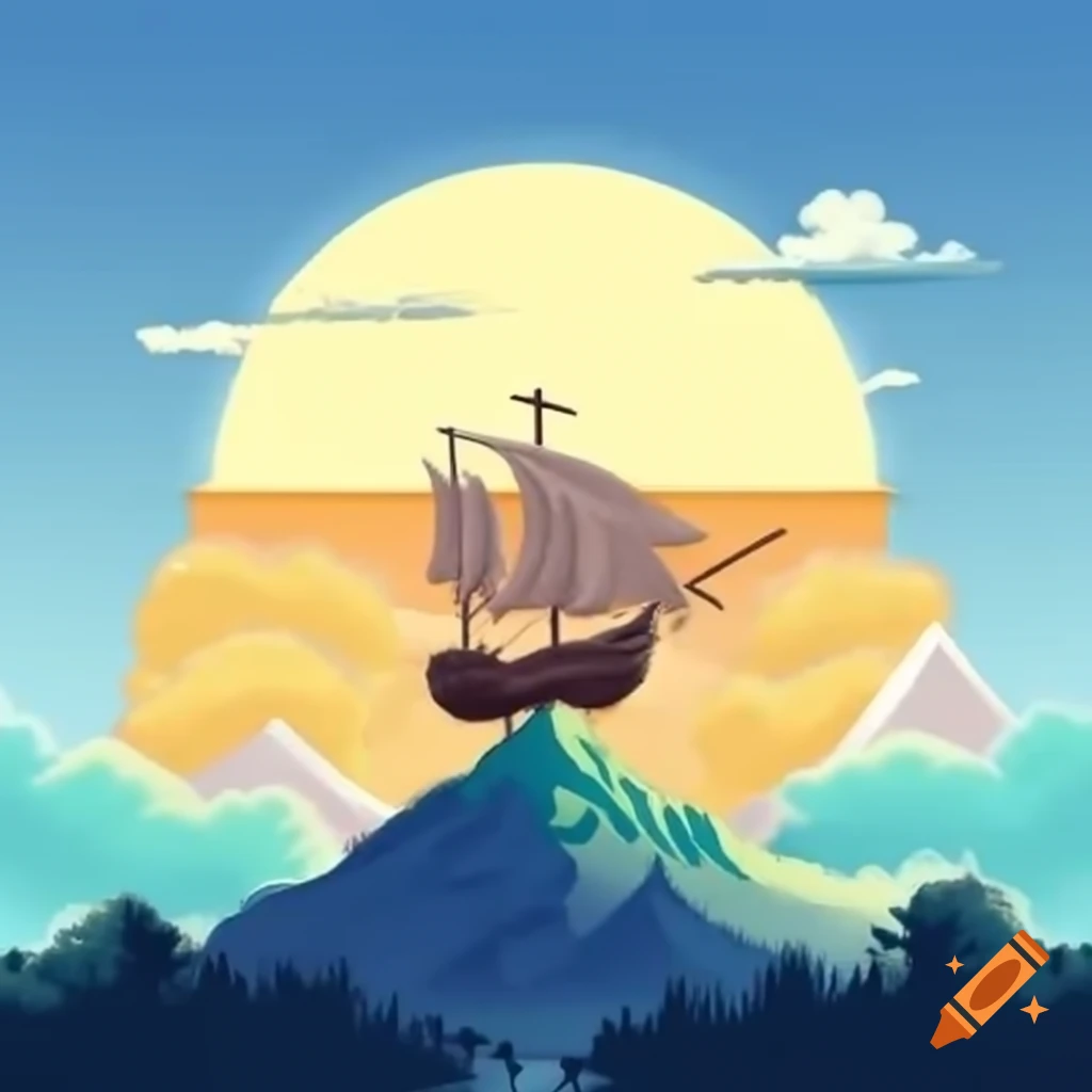 Ship sailing towards tree of life on mountain with sunrise in background