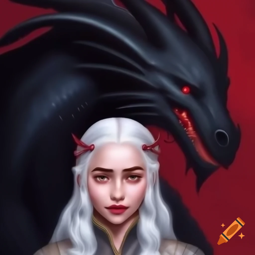 Daenerys Targaryen illustration with silver hair and black dragon
