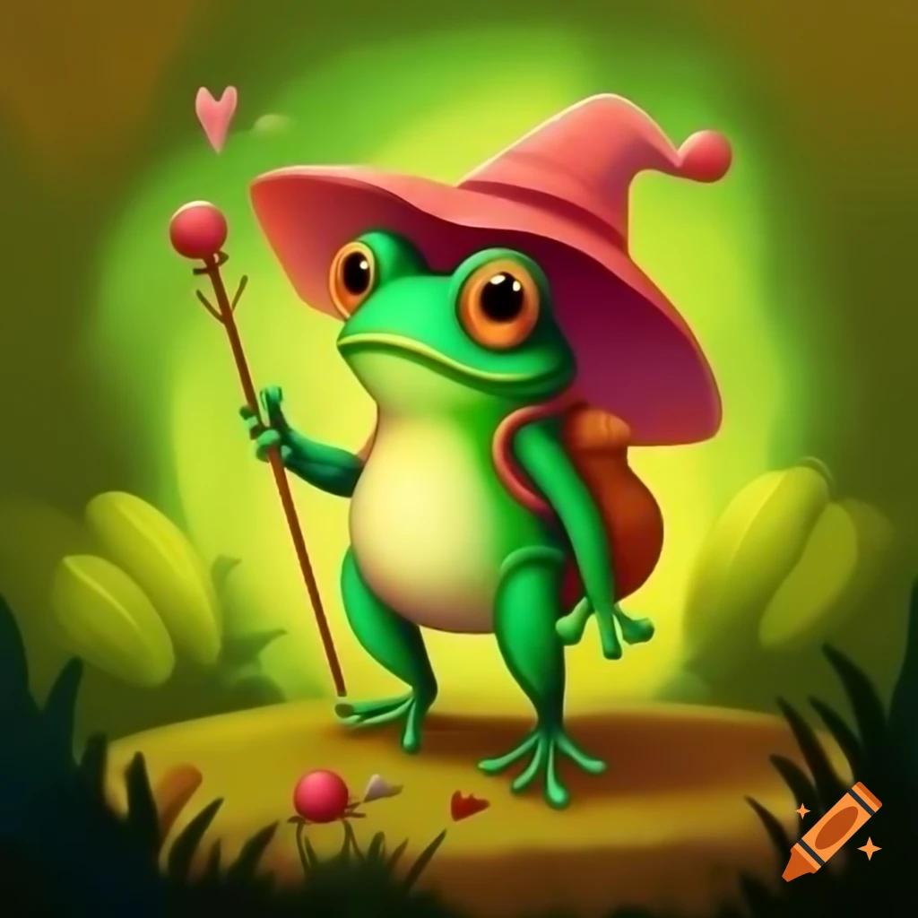 Playful green frog dressed as pixie performing folk tunes in woodland