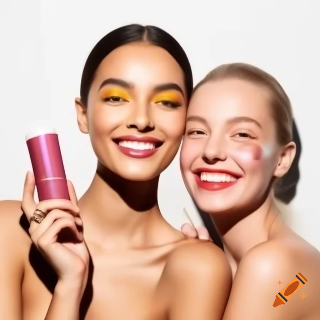 Girls smiling with beauty products against a white background