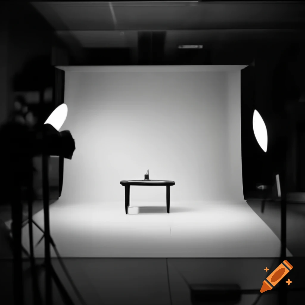 Photography studio setup with lights and still life table