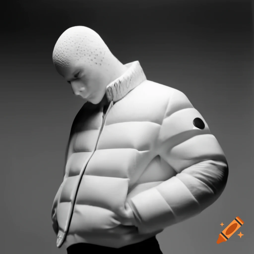 Masked mannequin in slim fitting white puffer jacket
