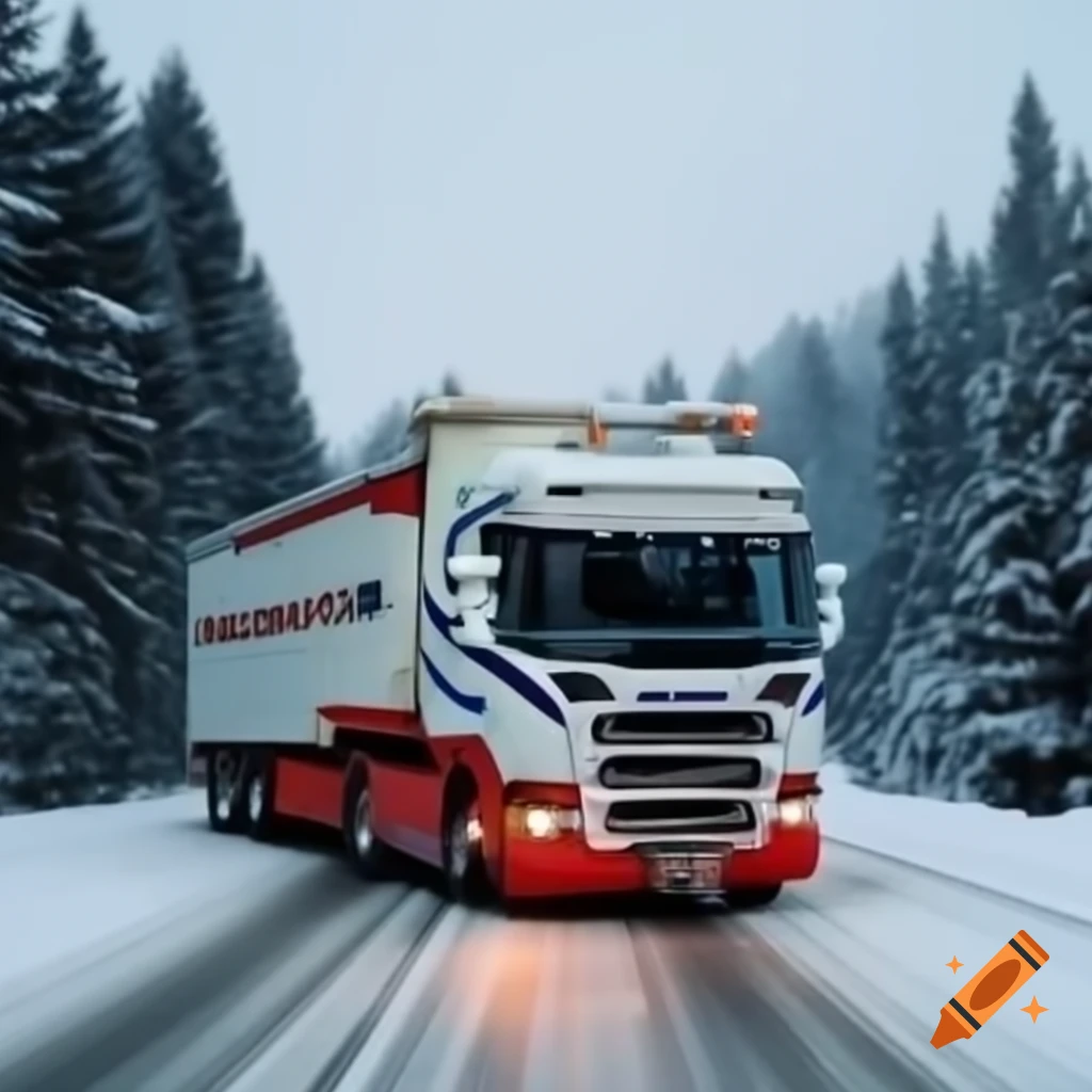 Scania truck with Christmas landscape featuring trees and gifts