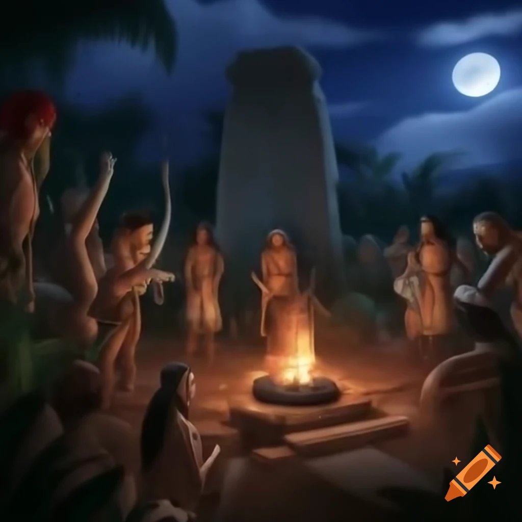 Tribal village conducting ritual by moonlight in jungle with stone altar