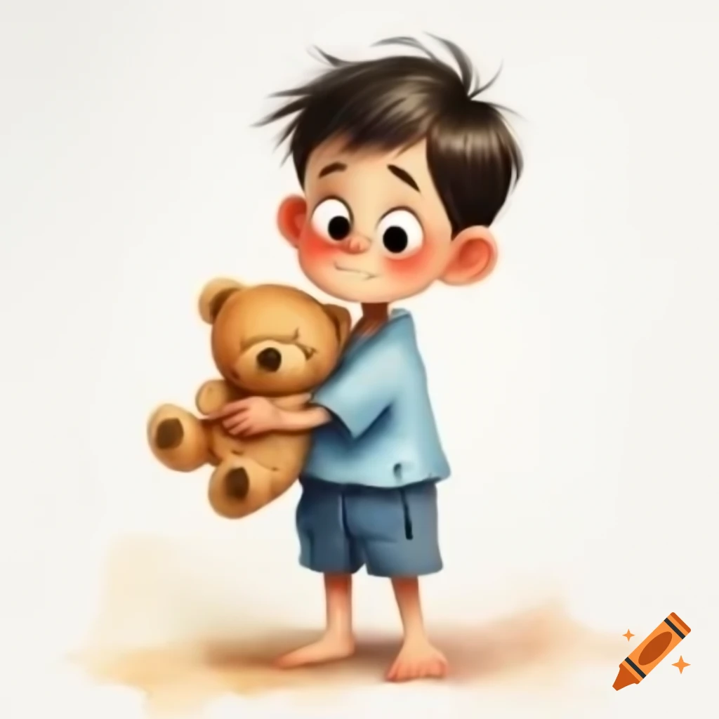 Boy in pajamas holding teddy bear on white background, watercolor style