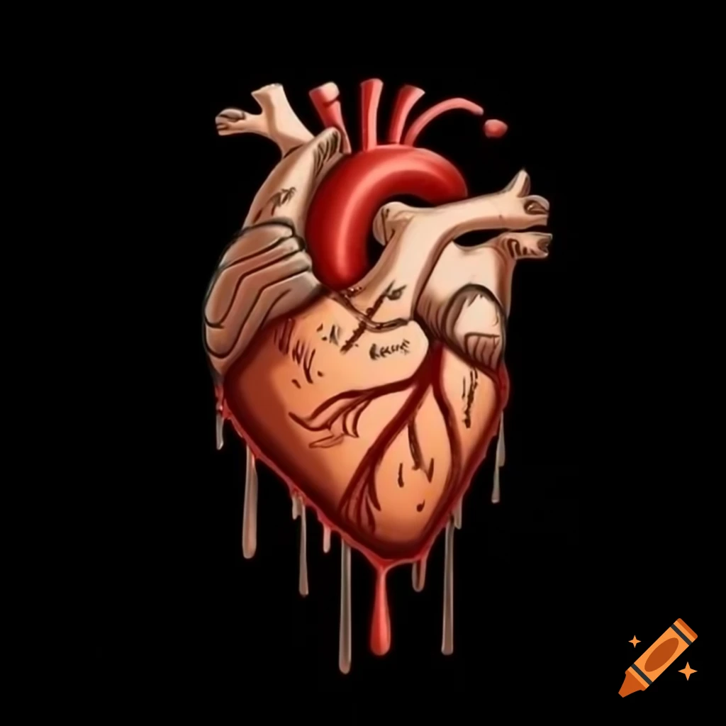 Intricately crafted wooden heart with anatomical details and pitch resembling blood