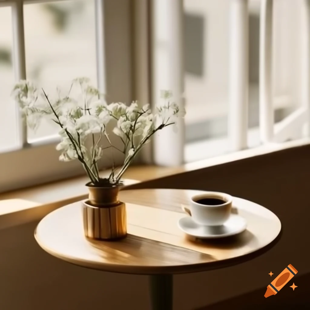 Warm cup of coffee on metallic table with jasmine flowers by window