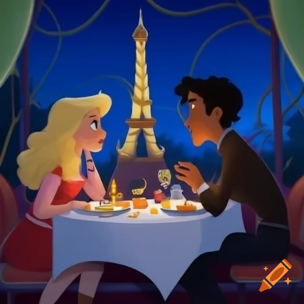 Couple enjoying dinner by the Eiffel Tower at night, Disney style drawing
