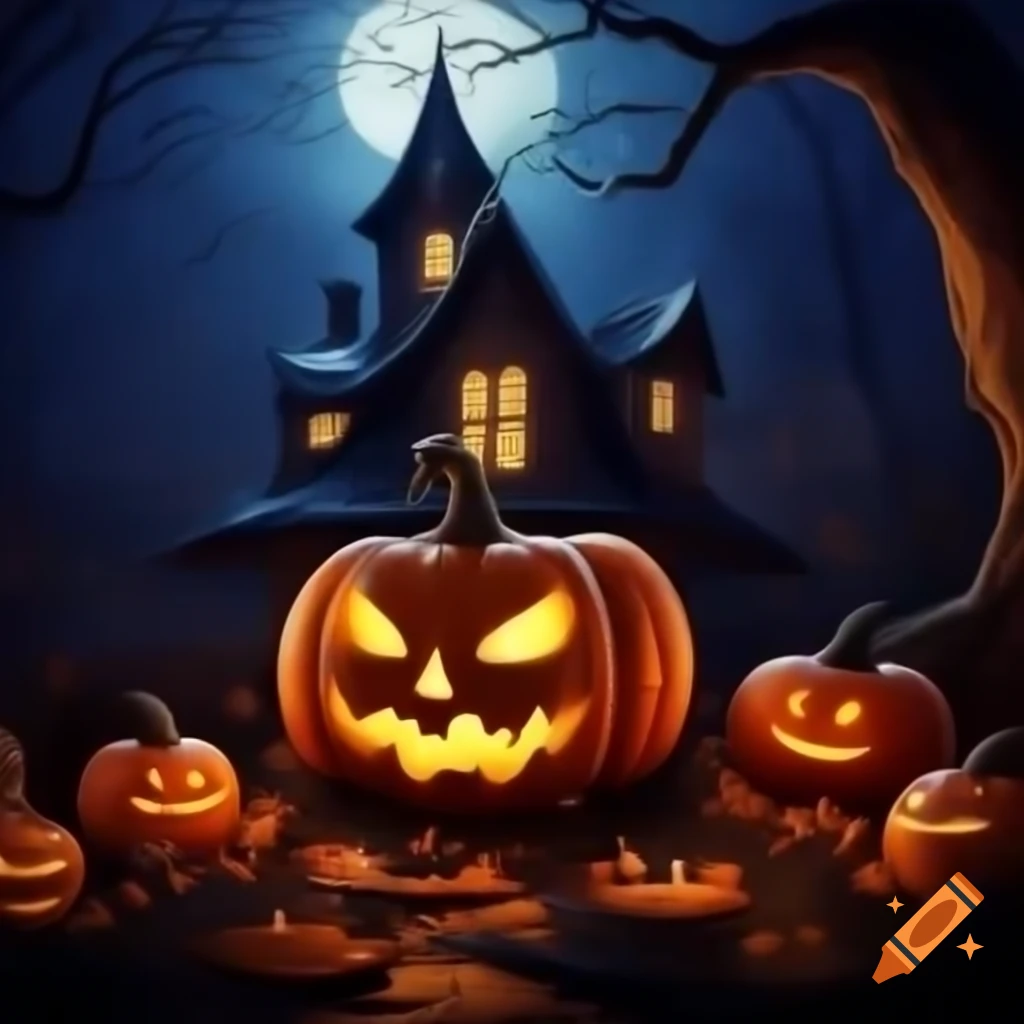 Haunted house with interior and exterior views during Halloween, featuring a group of young people and a hidden witch