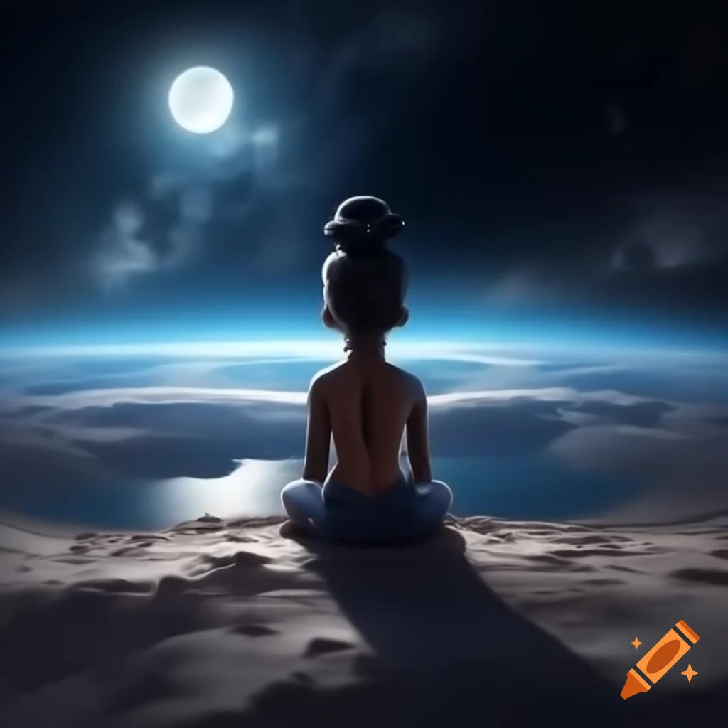 Young black prince with dreadlocks sitting on the moon gazing at Earth