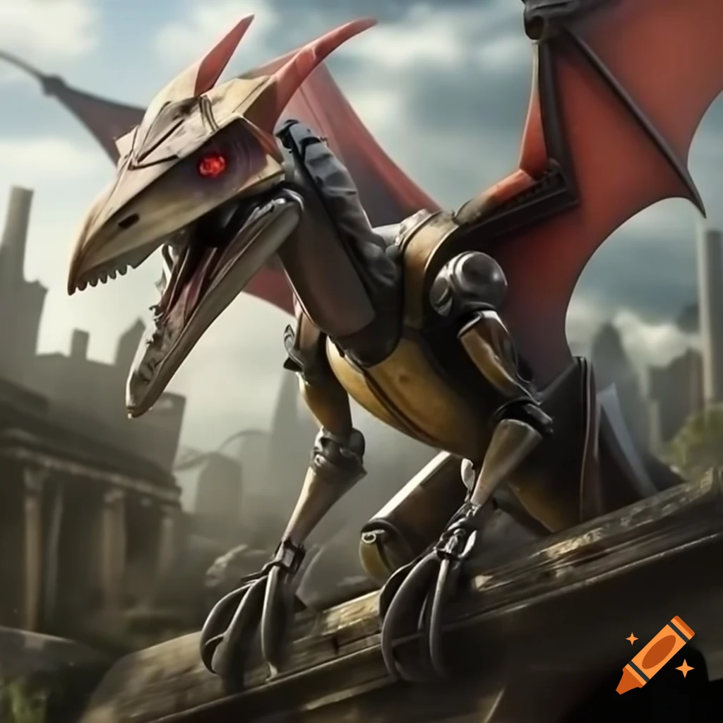 Menacing robotic pterodactyl with red eyes on destroyed building overlooking ruined city