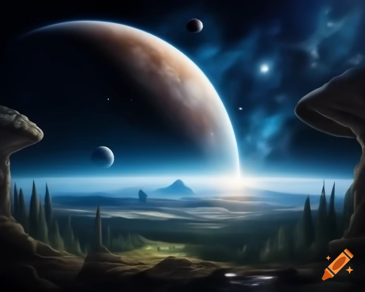 Exploration of alien forest under beautiful skies with distant planets and stars