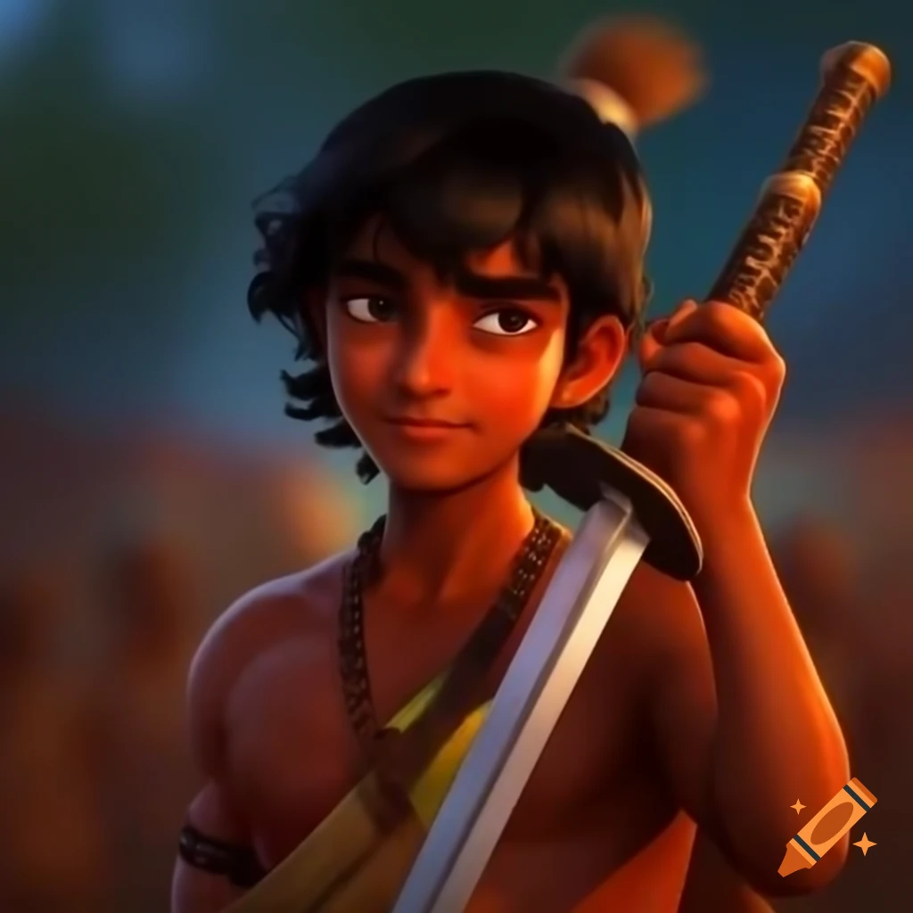 Young Indian warrior with raised sword in colorful traditional attire